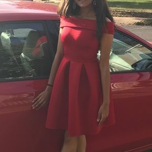 Red Off-Shoulder Pleated Structure Dress